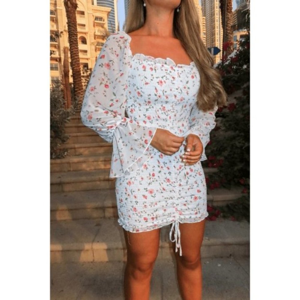 Floral Print Ruched Shirred Long Sleeve Square Neck Bodycon Mini Dress - Picture 7 of 8